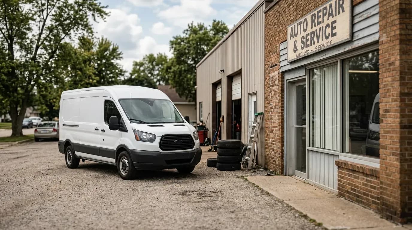 Unbranded commercial van parked outside a small business.