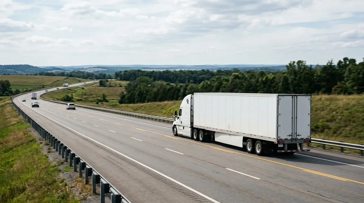 Commercial semi-truck traveling on a highway.